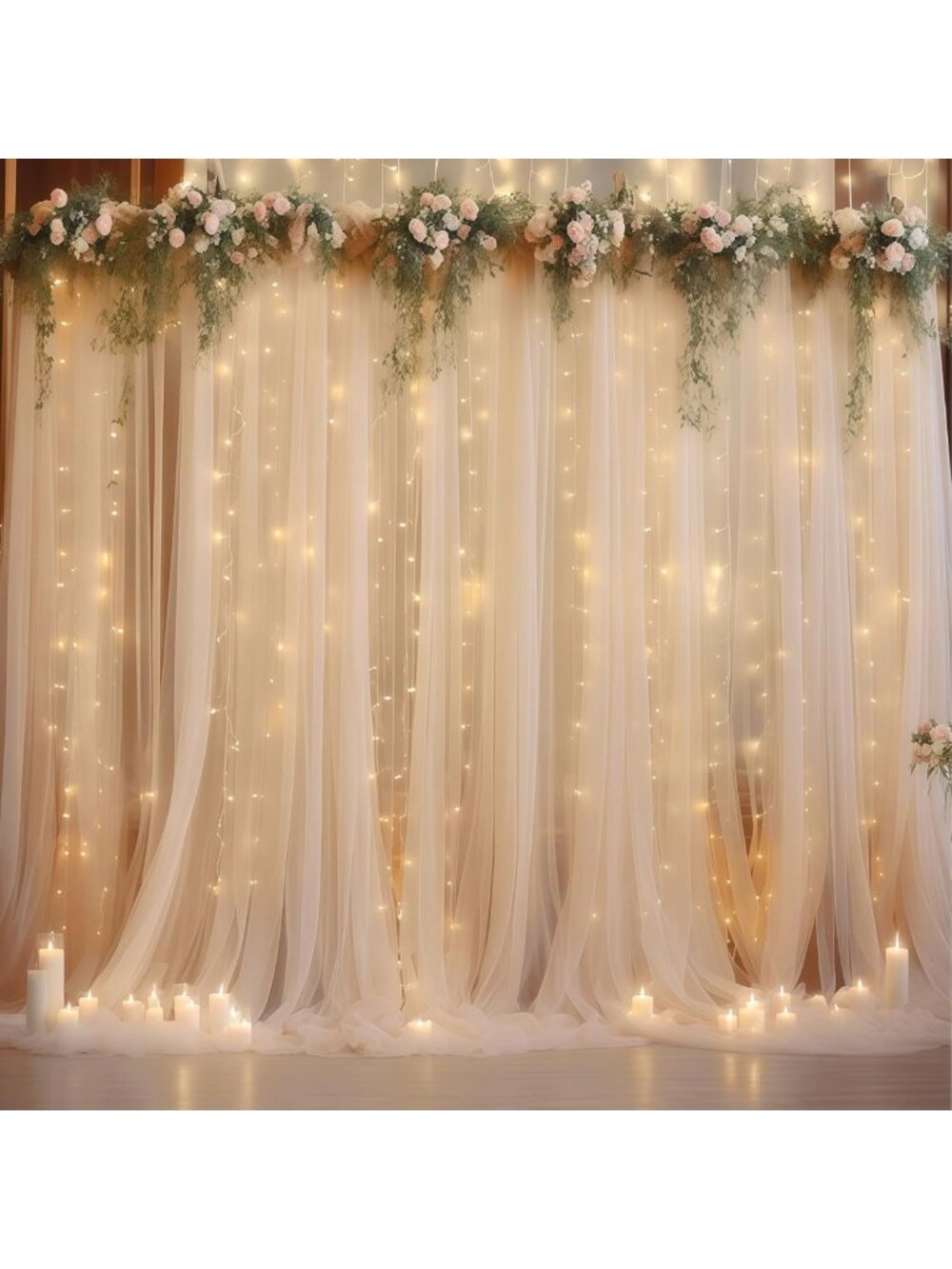 Champagne Tulle Backdrop Curtain with String Lights - 10x10ft Sheer Wedding